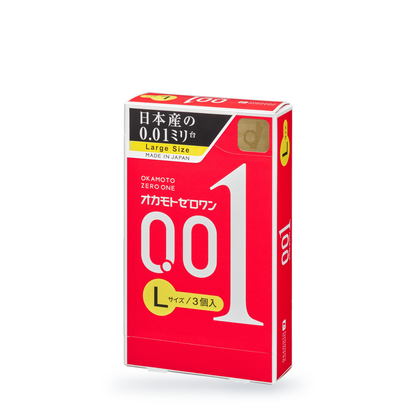 One Okamoto 001 L (Large Size) retail box in Japanese packaging, 3 condoms, angled front view