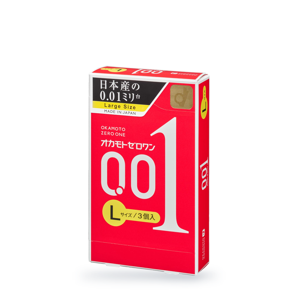 One Okamoto 001 L (Large Size) retail box in Japanese packaging, 3 condoms, angled front view