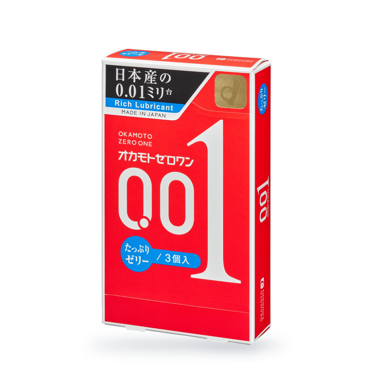 One Okamoto 001 Rich Lubricant retail box in Japanese packaging, 3 condoms, angled front view
