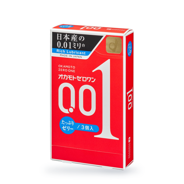 One Okamoto 001 Rich Lubricant retail box in Japanese packaging, 3 condoms, angled front view