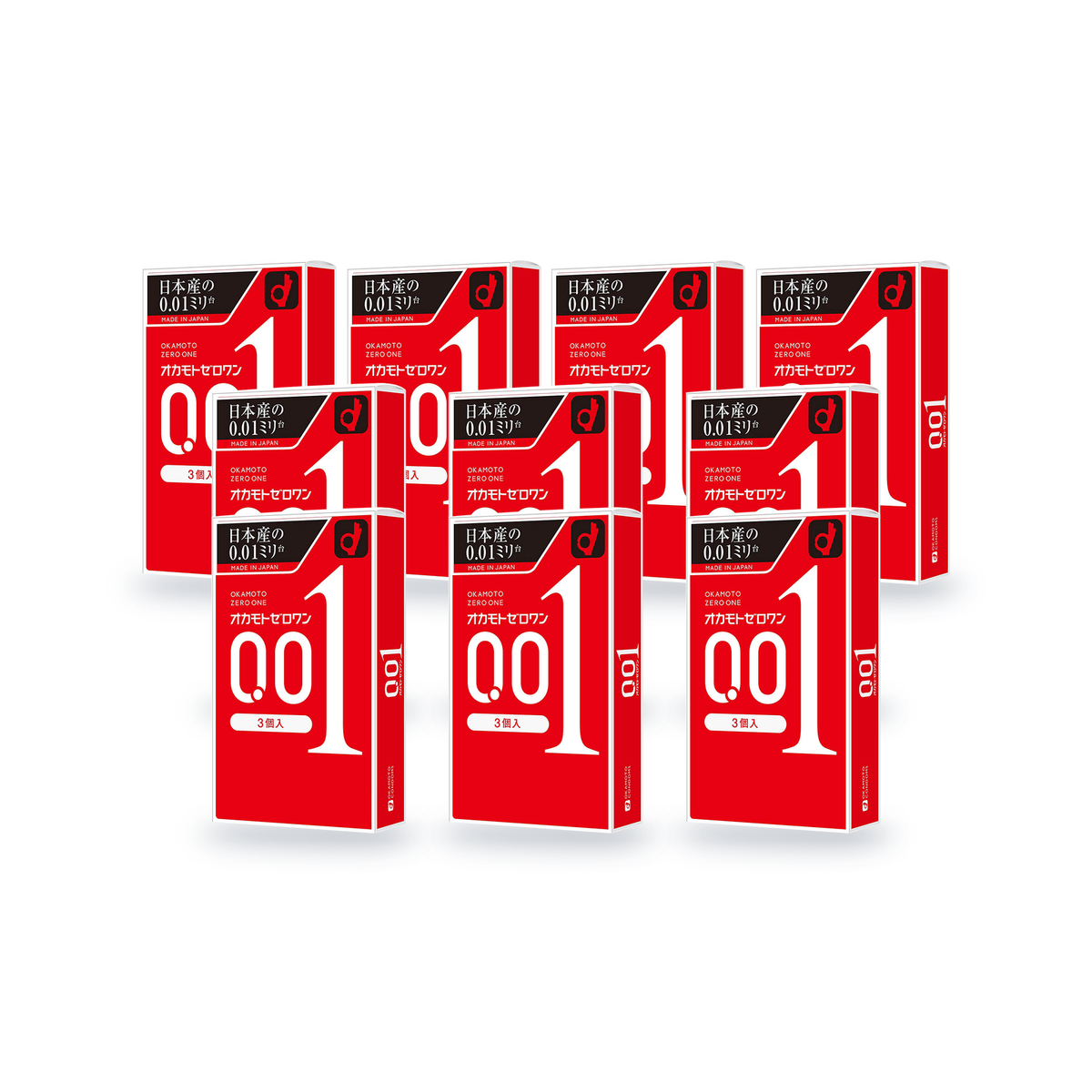 Ten Okamoto 001 retail boxes in Japanese packaging, 3 condoms per box, angled front view