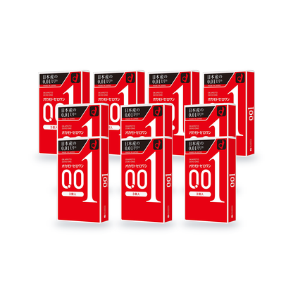 Ten Okamoto 001 retail boxes in Japanese packaging, 3 condoms per box, angled front view