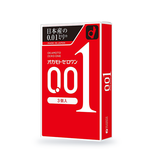 One Okamoto 001 retail box in Japanese packaging, 3 condoms, angled front view