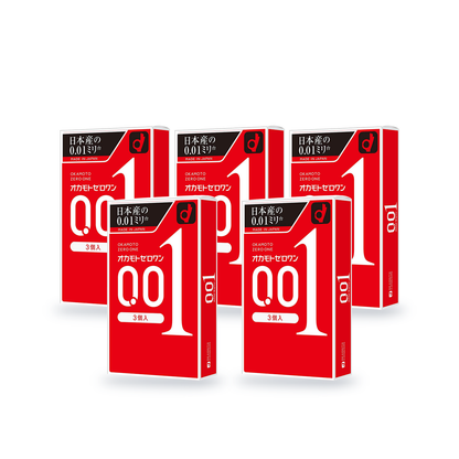 Five Okamoto 001 retail boxes in Japanese packaging, 3 condoms per box, angled front view