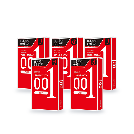 Five Okamoto 001 retail boxes in Japanese packaging, 3 condoms per box, angled front view