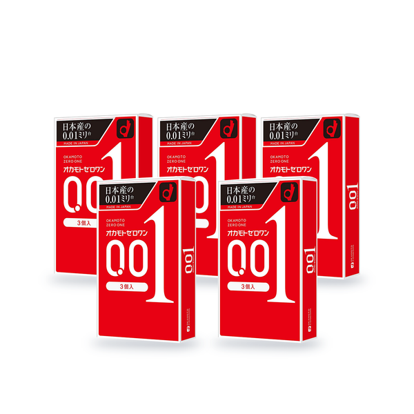 Five Okamoto 001 retail boxes in Japanese packaging, 3 condoms per box, angled front view
