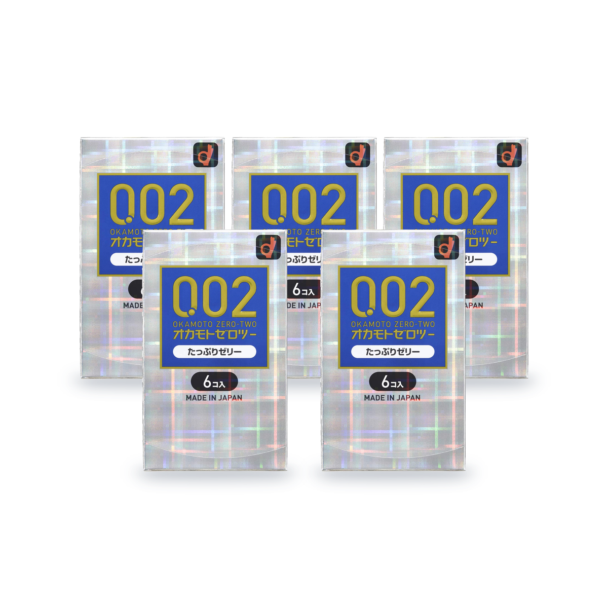 Five Okamoto Zero-Two 002 retail boxes with blue label in Japanese packaging, 6 condoms per box, front view