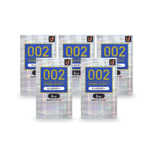 Five Okamoto Zero-Two 002 retail boxes with blue label in Japanese packaging, 6 condoms per box, front view