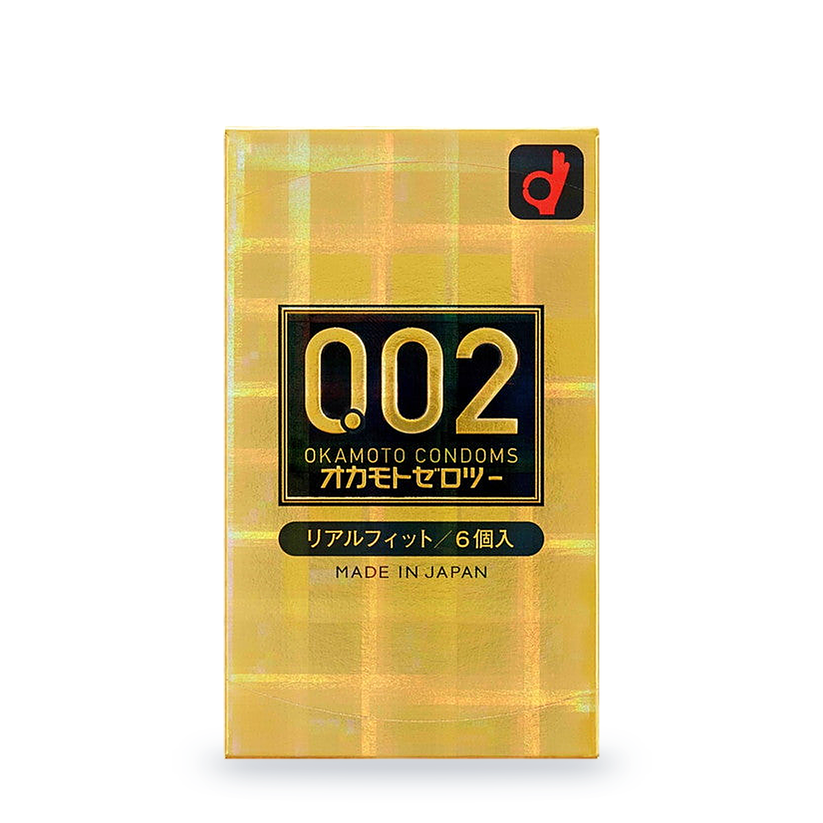 One gold Okamoto 0.02 Real Fit retail box in Japanese packaging, labeled 6 pieces, front view