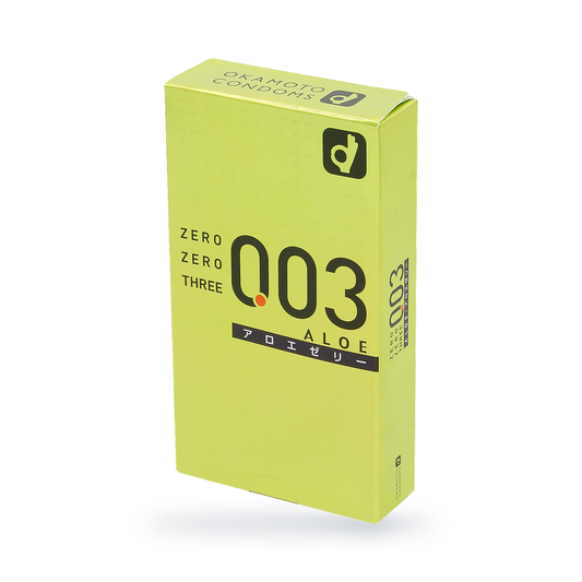 One Okamoto 003 Aloe retail box in lime green Japanese packaging, angled view