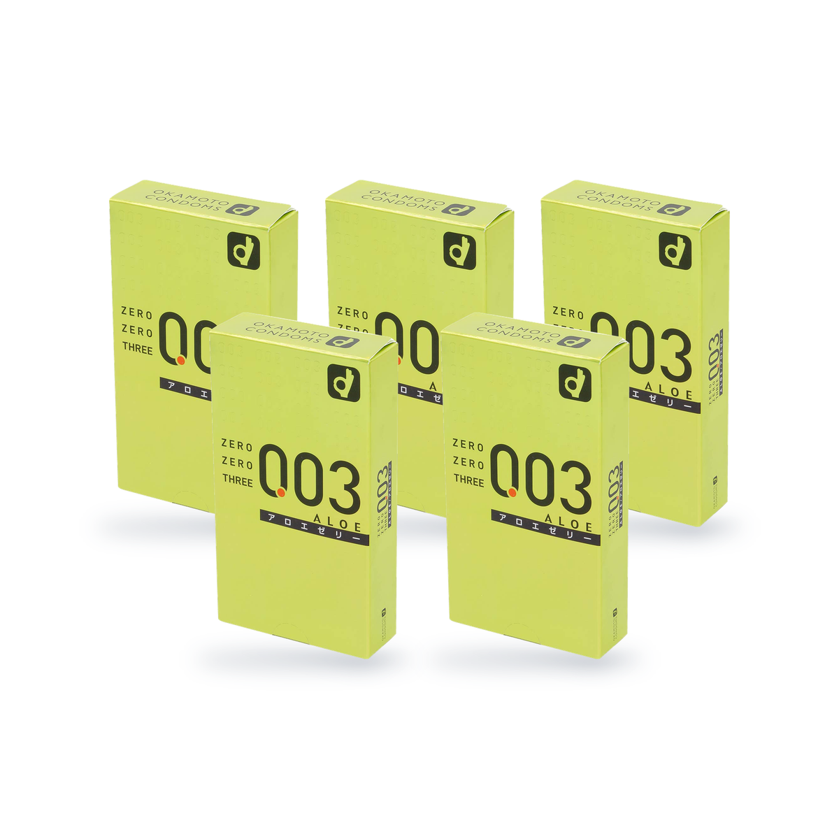 Five Okamoto 003 Aloe retail boxes in lime green Japanese packaging, two rows, angled view