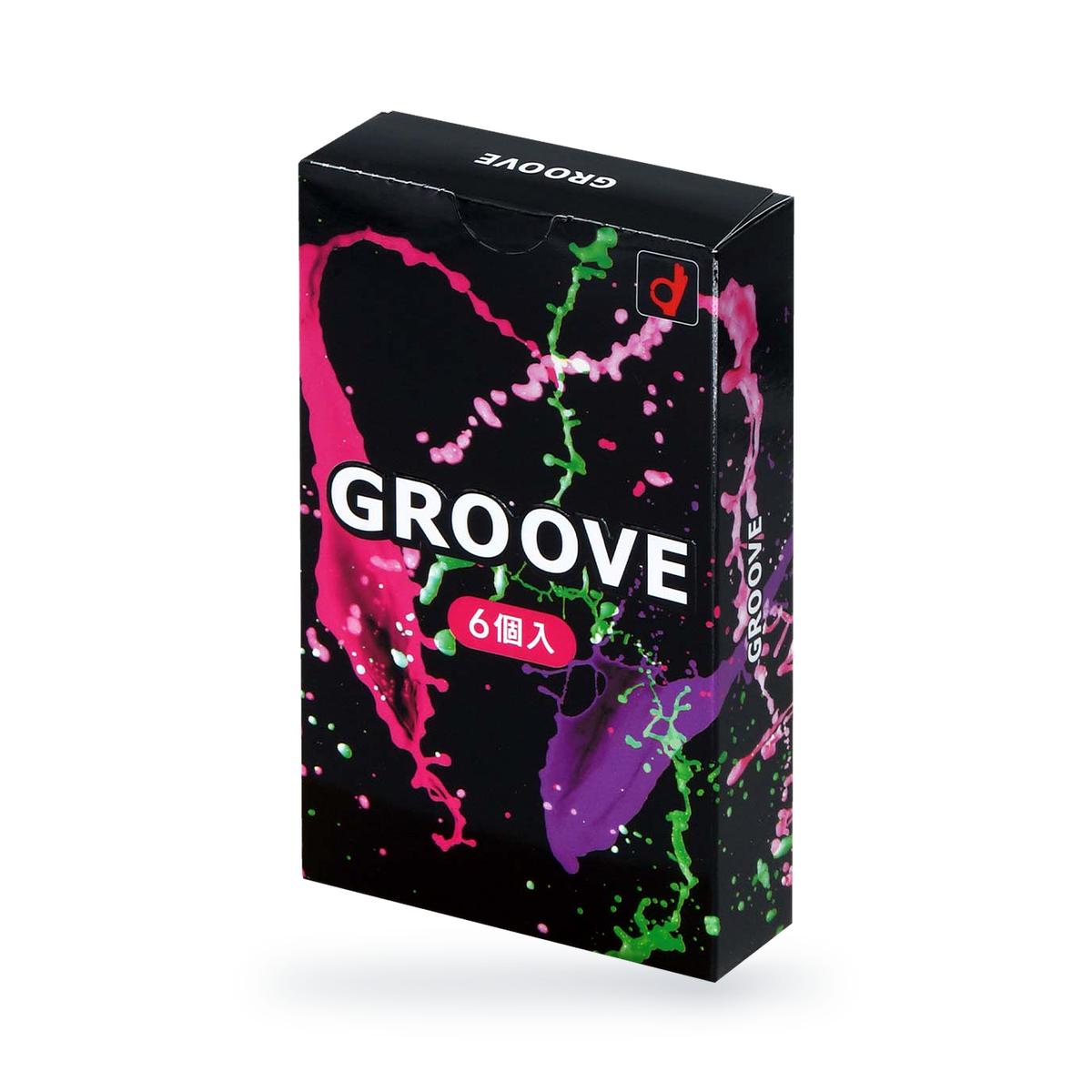 One Okamoto Groove retail box in black Japanese packaging with a color splash design and a pink label marked 6 pieces, angled view
