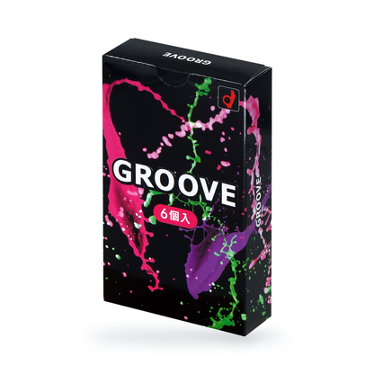 One Okamoto Groove retail box in black Japanese packaging with a color splash design and a pink label marked 6 pieces, angled view