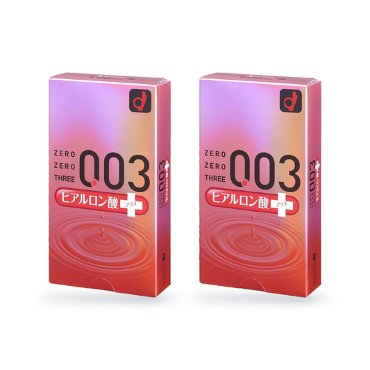 Two Okamoto 003 Hyaluronic Acid retail boxes side by side, front and side view