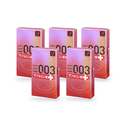 Five Okamoto 003 Hyaluronic Acid retail boxes in two rows, front and side view