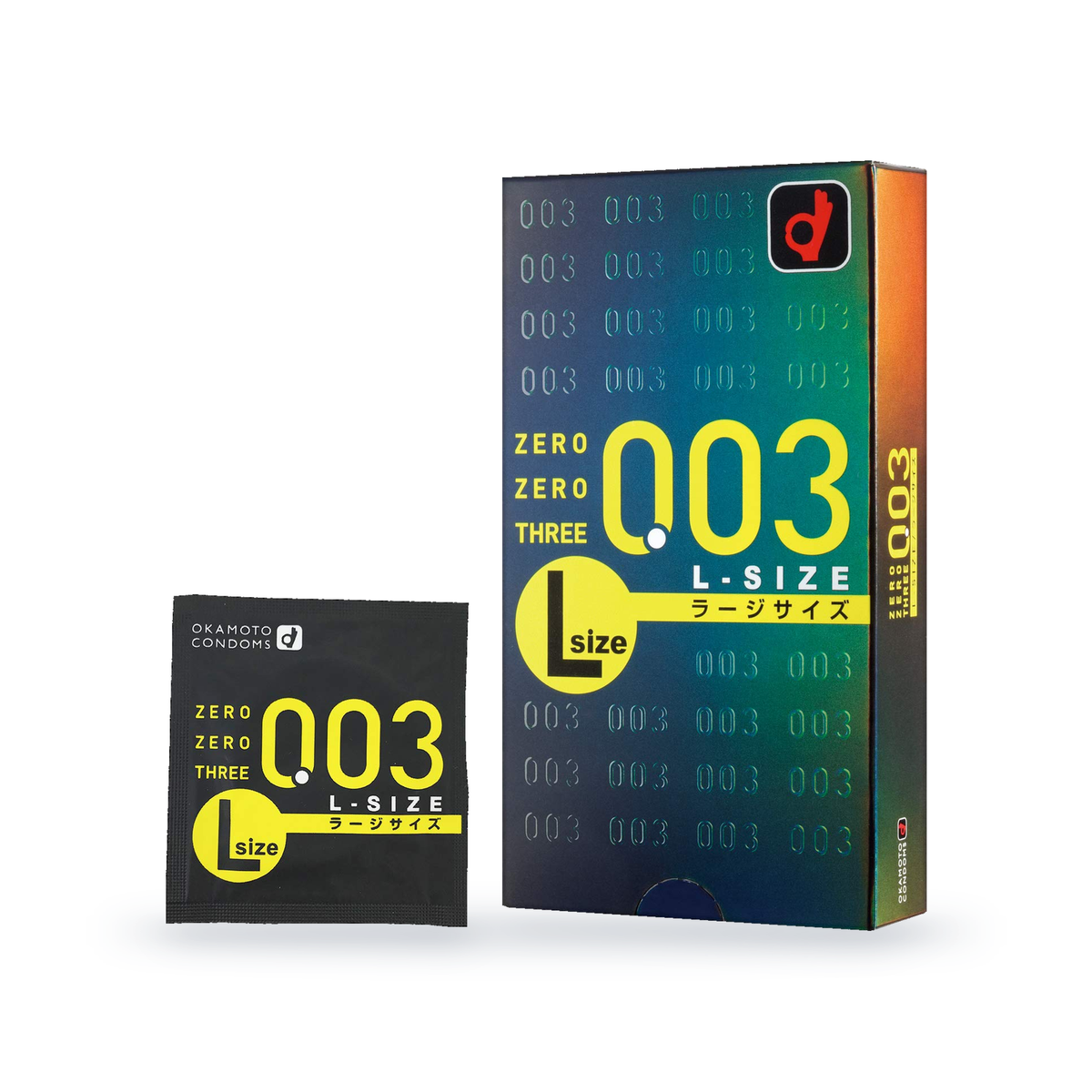 One Okamoto 003 L-Size retail box beside one individually wrapped condom, front and side view