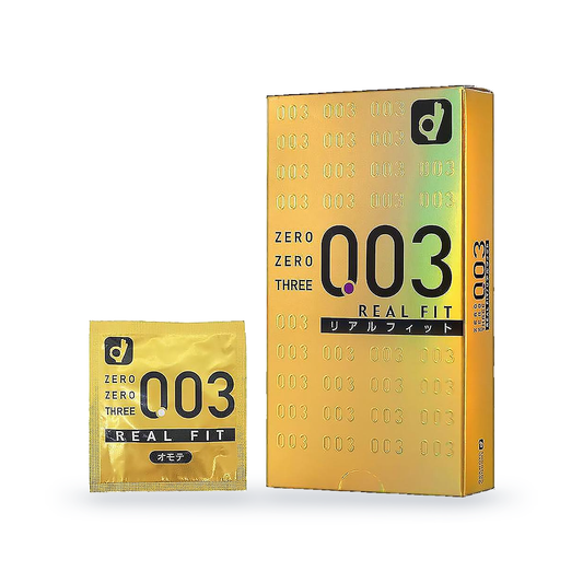 One Okamoto 003 Real Fit retail box beside one individually wrapped condom, front and side view