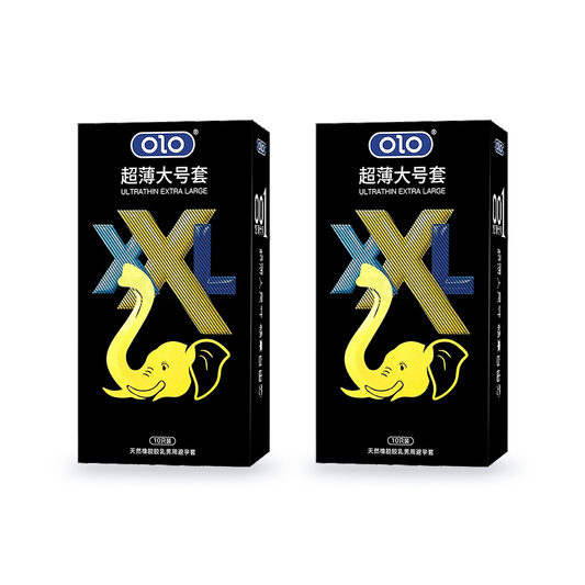 Two OLO XXL retail boxes, 10 condoms per box, front view