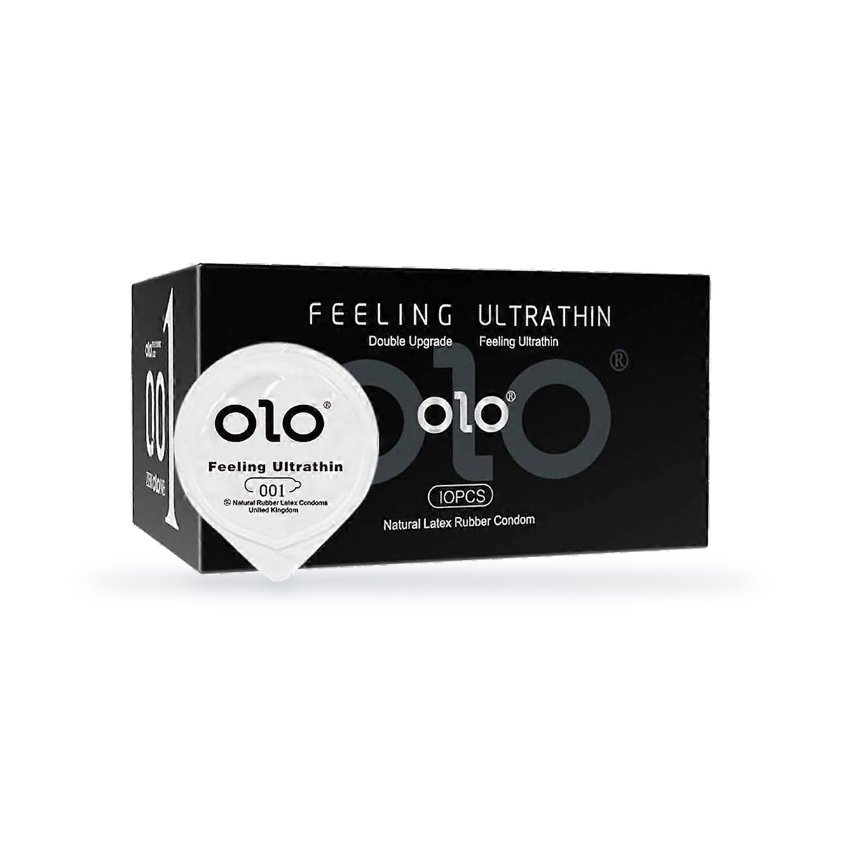 One black OLO retail box marked 10PCS with one round white jelly-pack wrapper in front, angled view