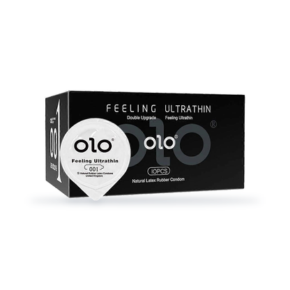 One black OLO retail box marked 10PCS with one round white jelly-pack wrapper in front, angled view