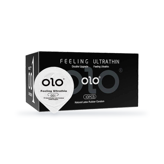 One black OLO retail box marked 10PCS with one round white jelly-pack wrapper in front, angled view