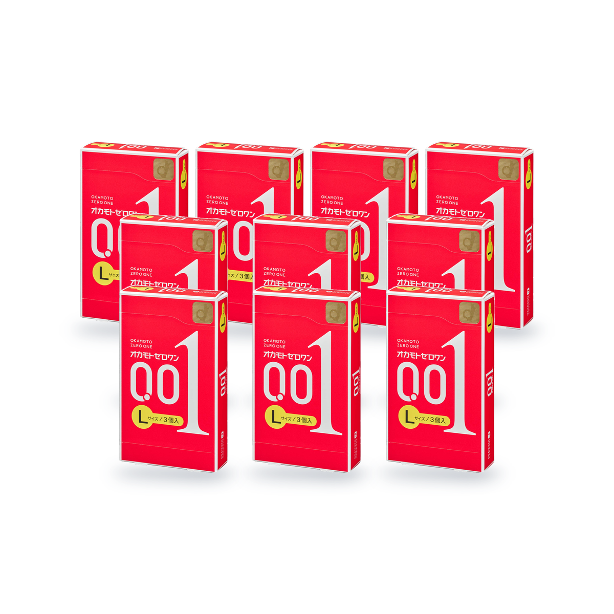 Ten Okamoto 001 L size retail boxes in red Japanese packaging with a yellow label marked L size and 3 pieces, angled front view