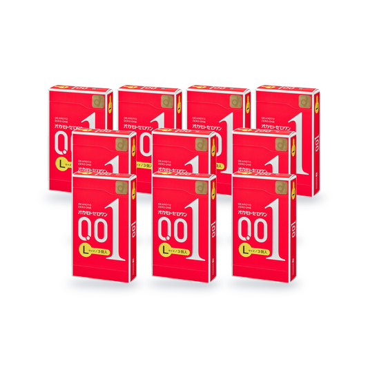 Ten Okamoto 001 L size retail boxes in red Japanese packaging with a yellow label marked L size and 3 pieces, angled front view