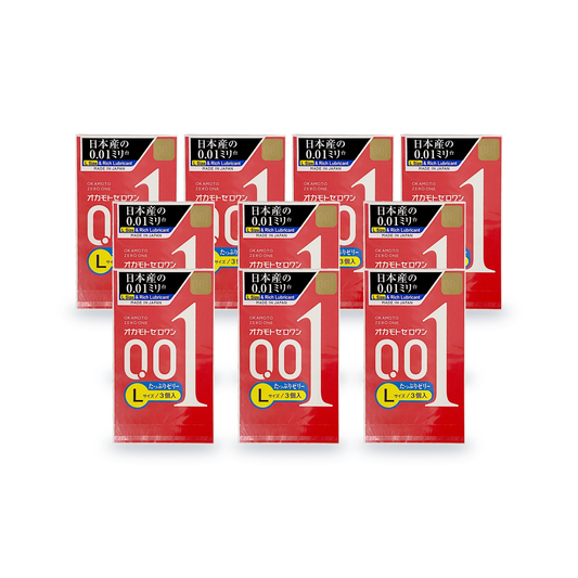 Ten Okamoto 001 L Size & Rich Lubricant retail boxes in Japanese packaging, 3 condoms per box, front view