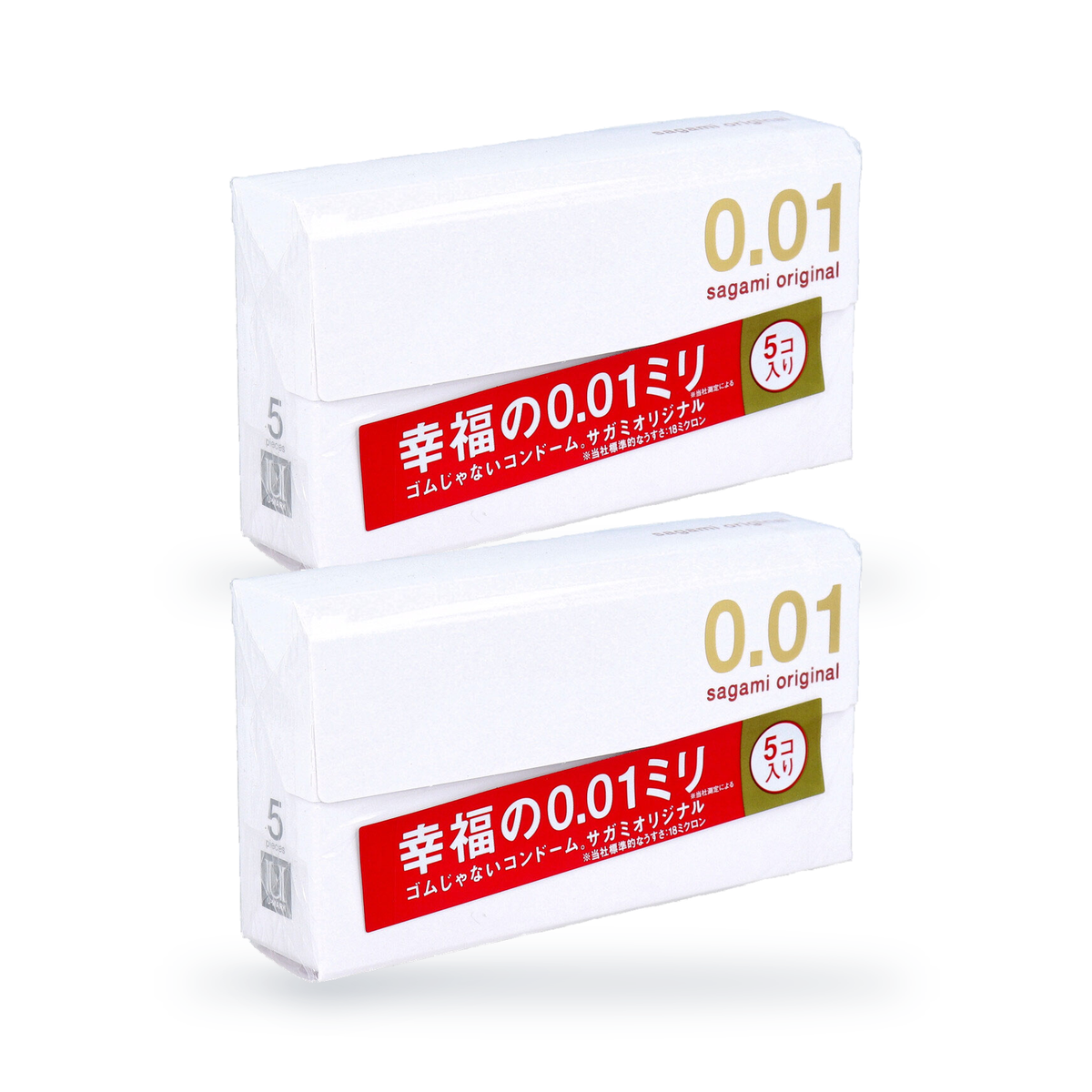 Two Sagami Original 001 retail boxes in white Japanese packaging with a red and gold label marked 5 pieces, angled front view