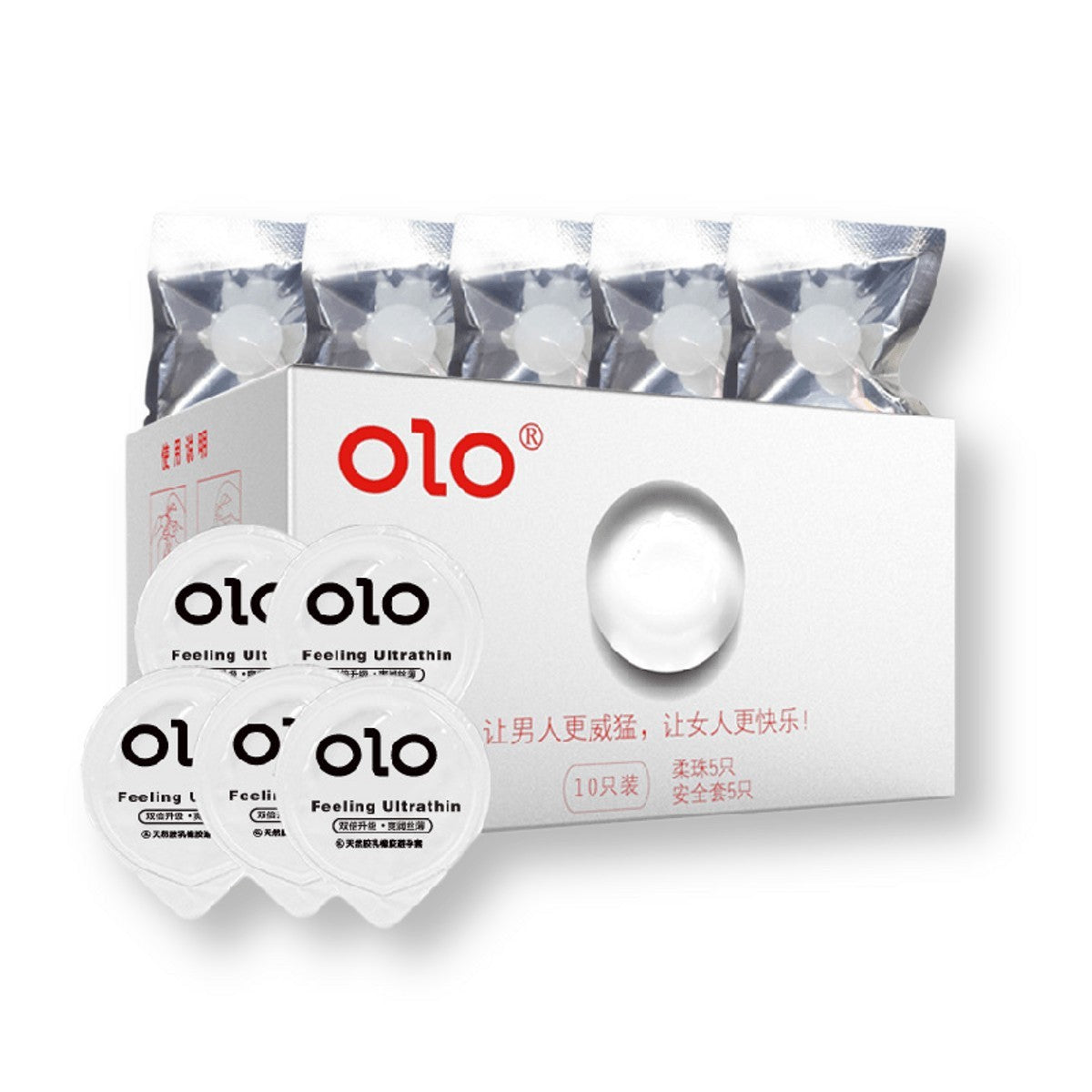 OLO 5+5 retail box with five bead packs and five round condom wrappers