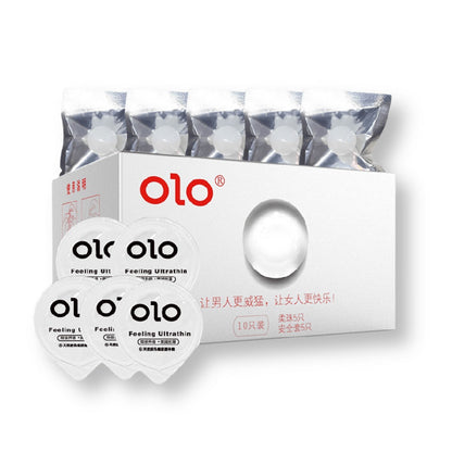 OLO 5+5 retail box with five bead packs and five round condom wrappers