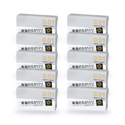 Ten Sagami Original 001 L-size retail boxes, 10 condoms per box, angled front view