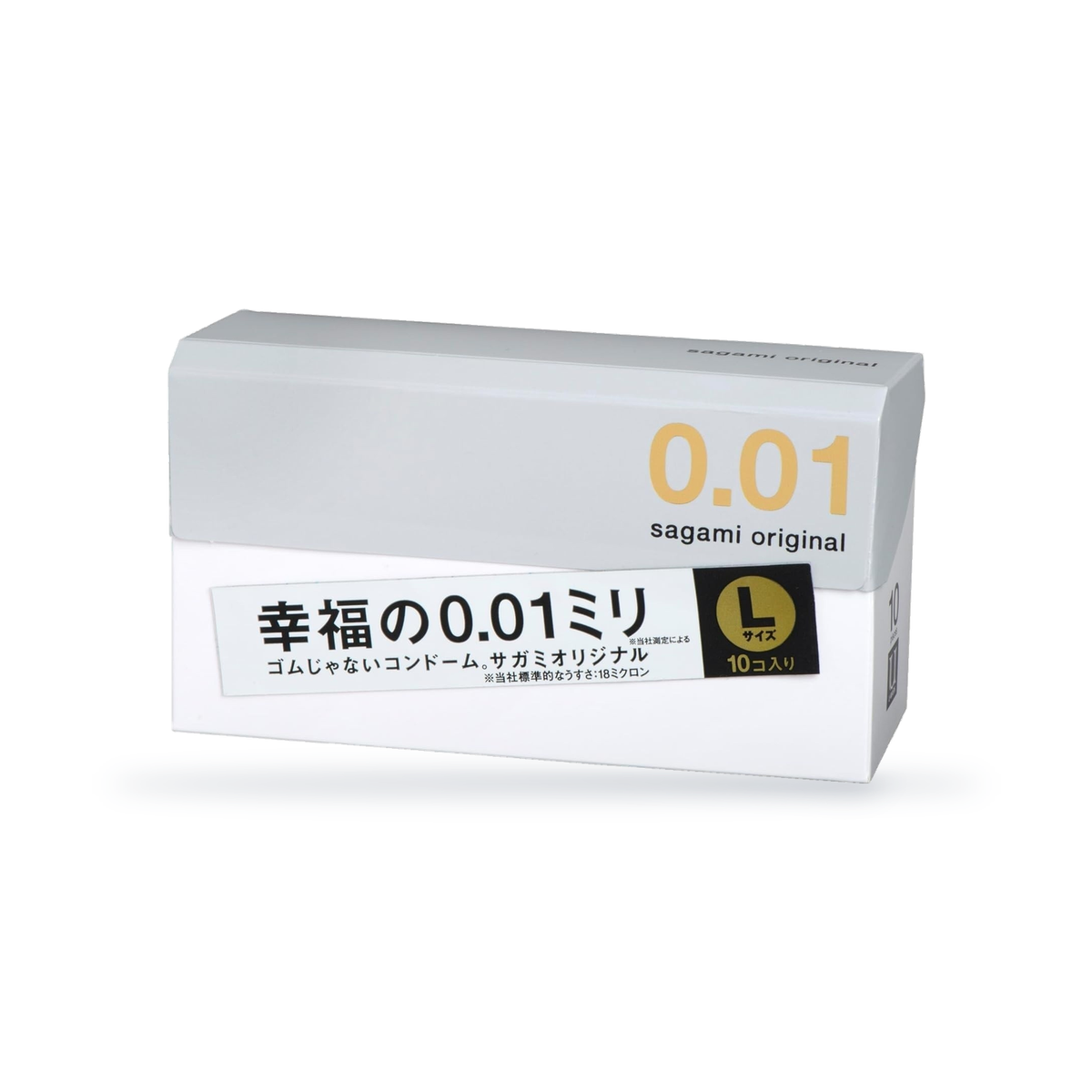 One Sagami Original 001 L-size retail box, 10 condoms per box, angled front view
