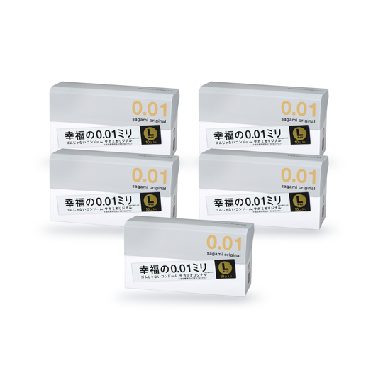 Five Sagami Original 001 L-size retail boxes, 10 condoms per box, angled front view