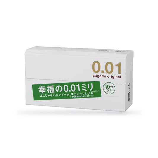 One Sagami Original 001 retail box, 10 condoms per box, angled front view