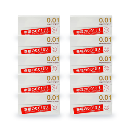 Ten Sagami Original 001 retail boxes, 5 condoms per box, front view