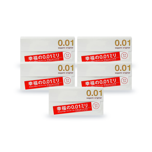 Five Sagami Original 001 retail boxes, 5 condoms per box, front view