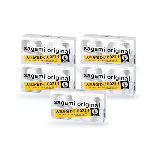 Five Sagami Original 002 L size retail boxes with yellow label, 10 condoms per box, angled view