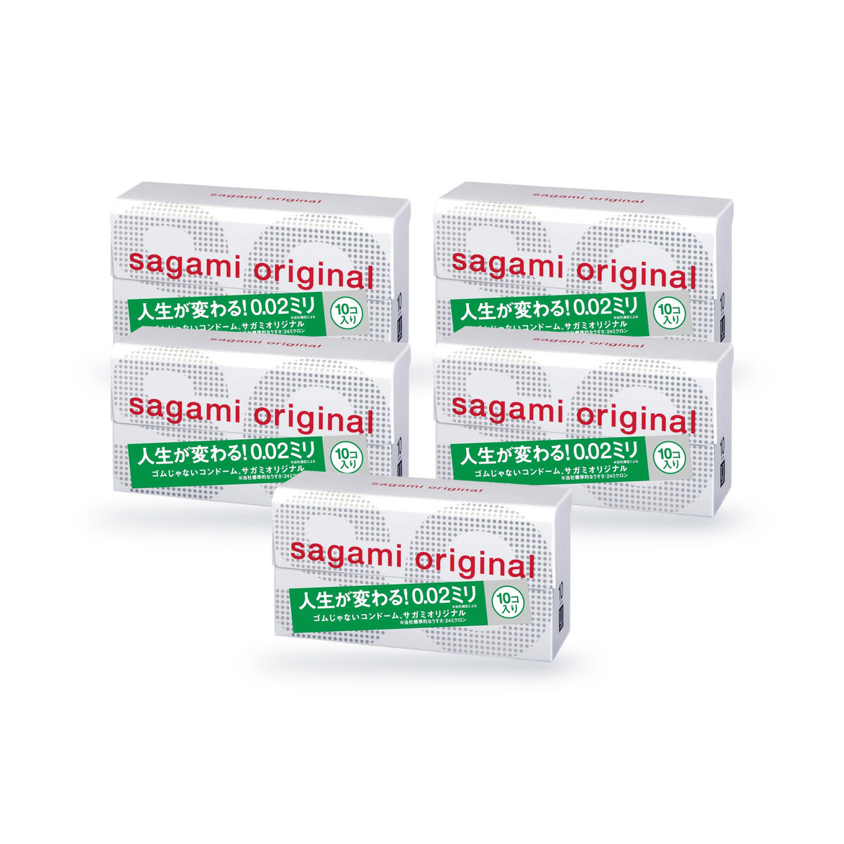 Five Sagami Original 002 retail boxes with green label, 10 condoms per box, angled view