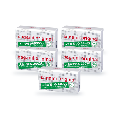 Five Sagami Original 002 retail boxes with green label, 10 condoms per box, angled view