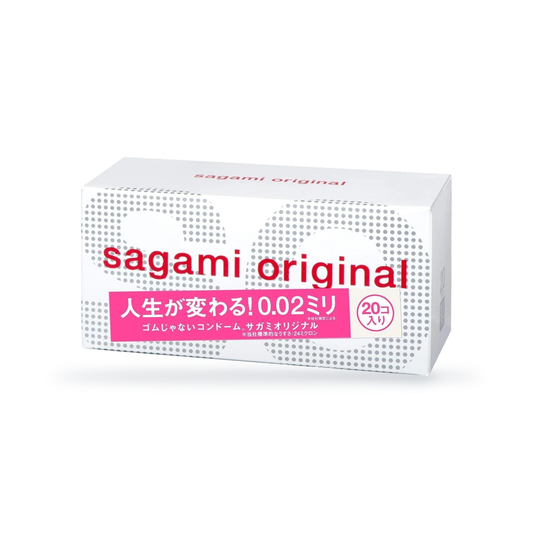 One Sagami Original 002 retail box with pink label, 20 condoms, angled view